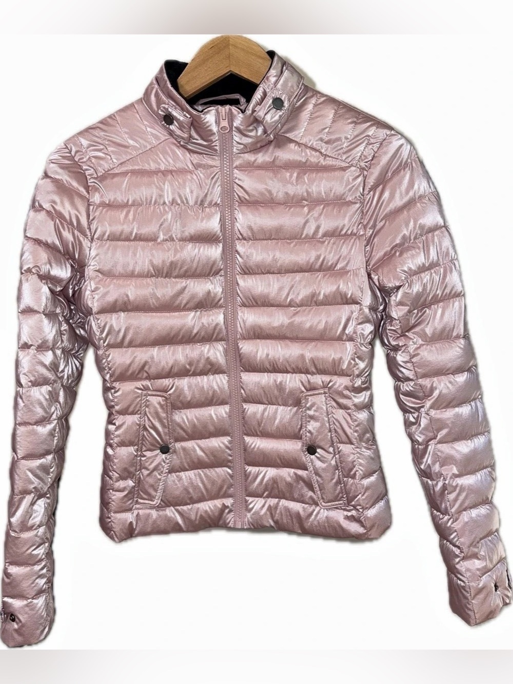 Blanc Noir Sport Metallic Blush Pink Puffer Jacket XS • Quilted Shimmer